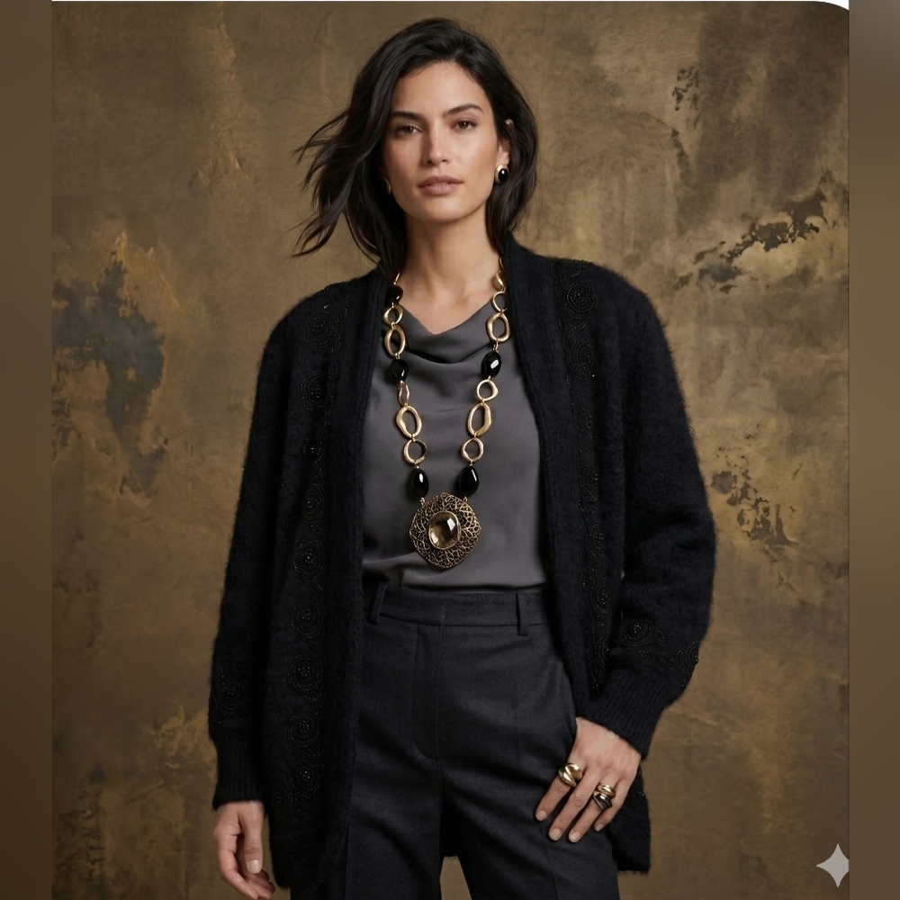 Luxurious Angora Rabbit Hair/Wool Black Open-Front Embroidered Cardigan Sweater
